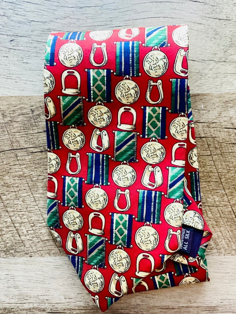 Vtg Crooks & Creed London Silk Tie Equestrian Medals Stirrups Hand Made England.